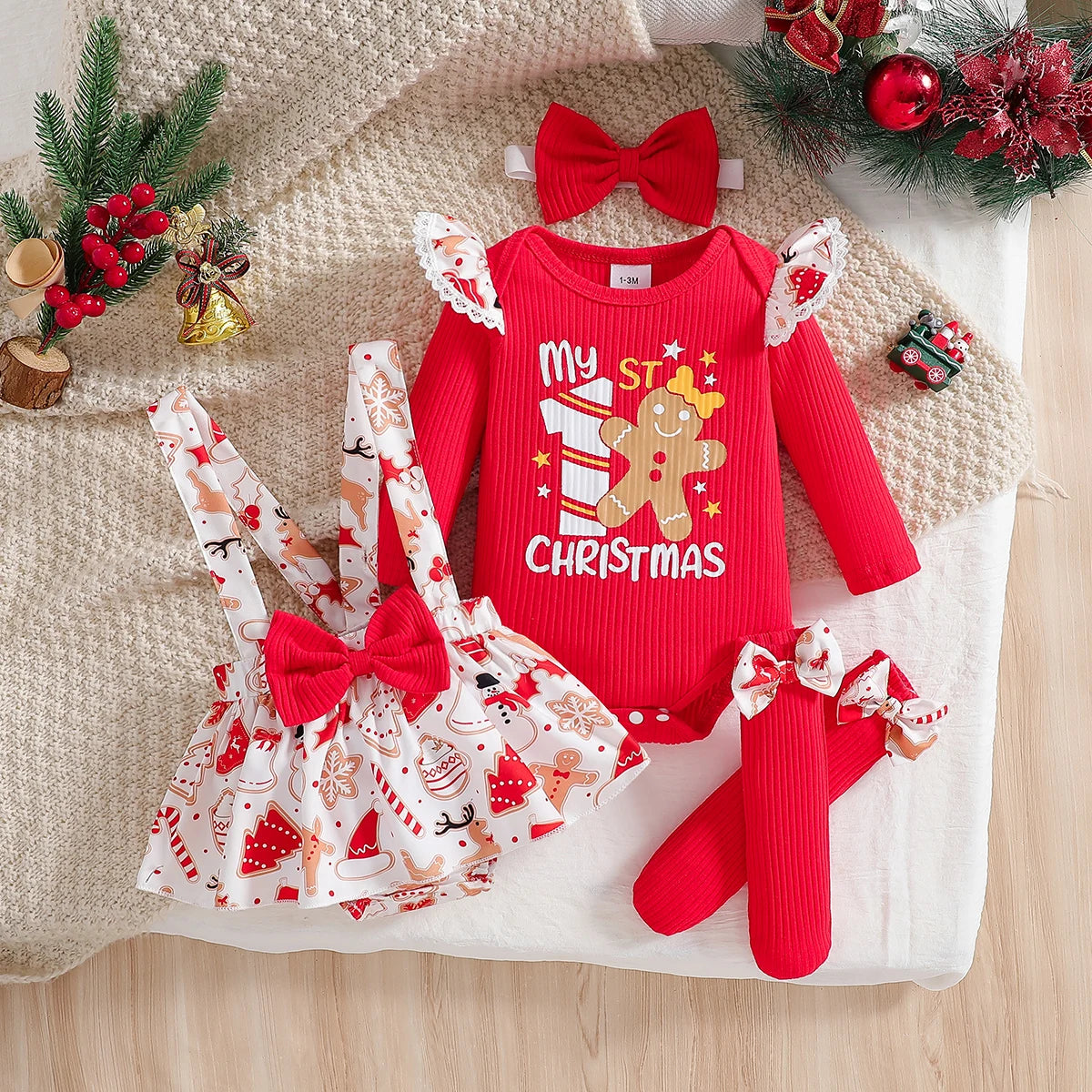 Baby Girl Christmas Outfit Set – My First Christmas Romper, Skirt & Bow