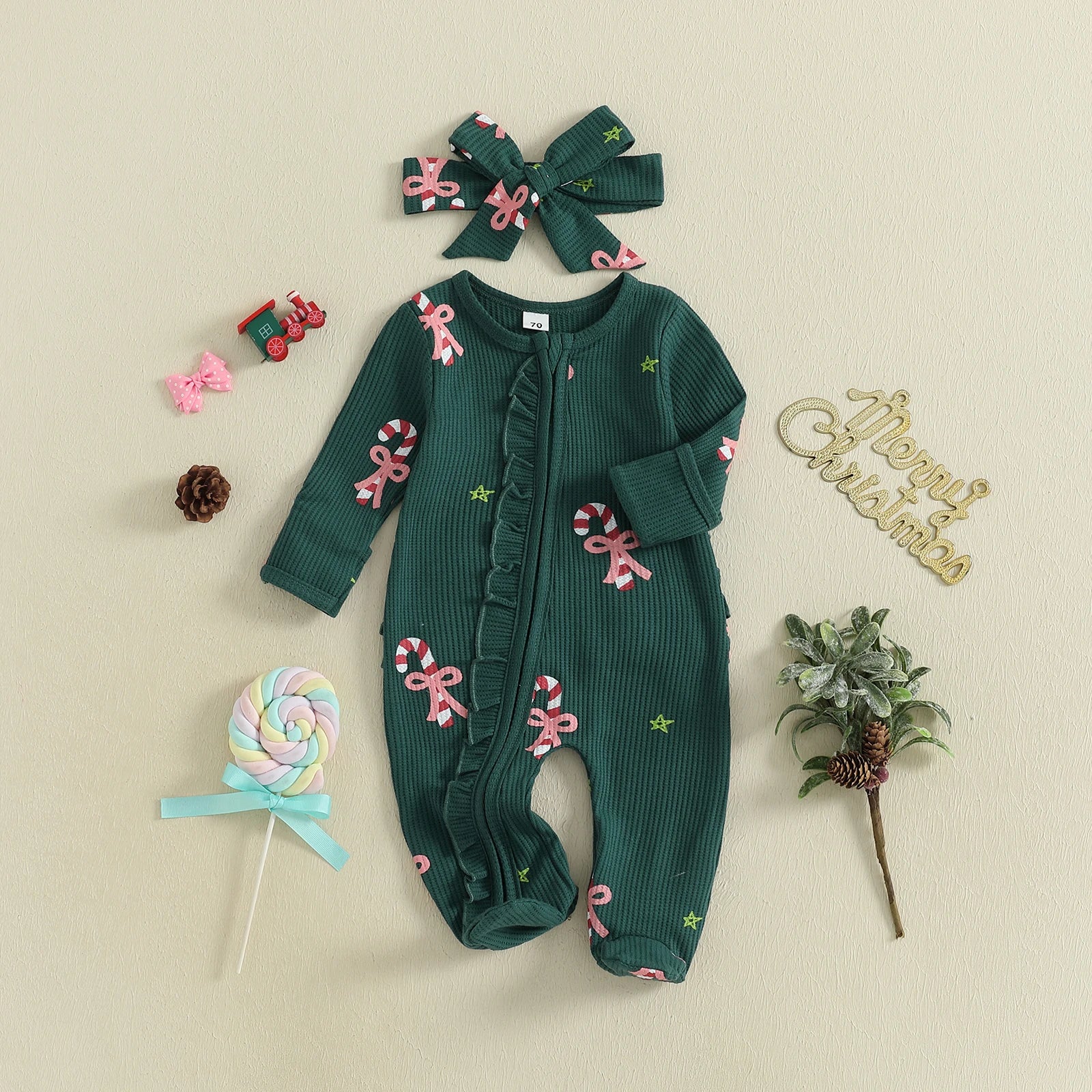 Baby Christmas Romper Set – Festive Candy Cane & Gingerbread Sleepsuit with Matching Bow