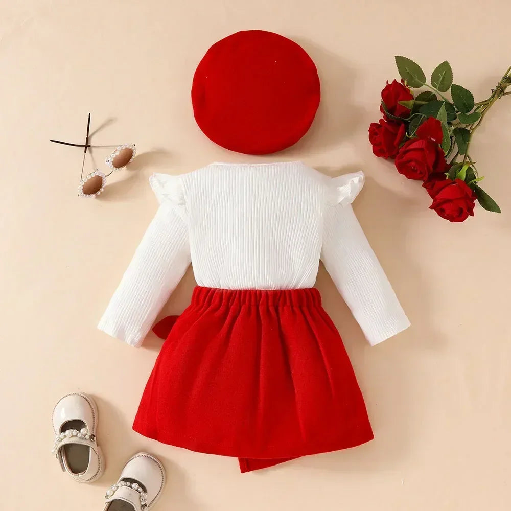 Baby Girl Red Bow Outfit Set – Long Sleeve Top, Skirt & Beret