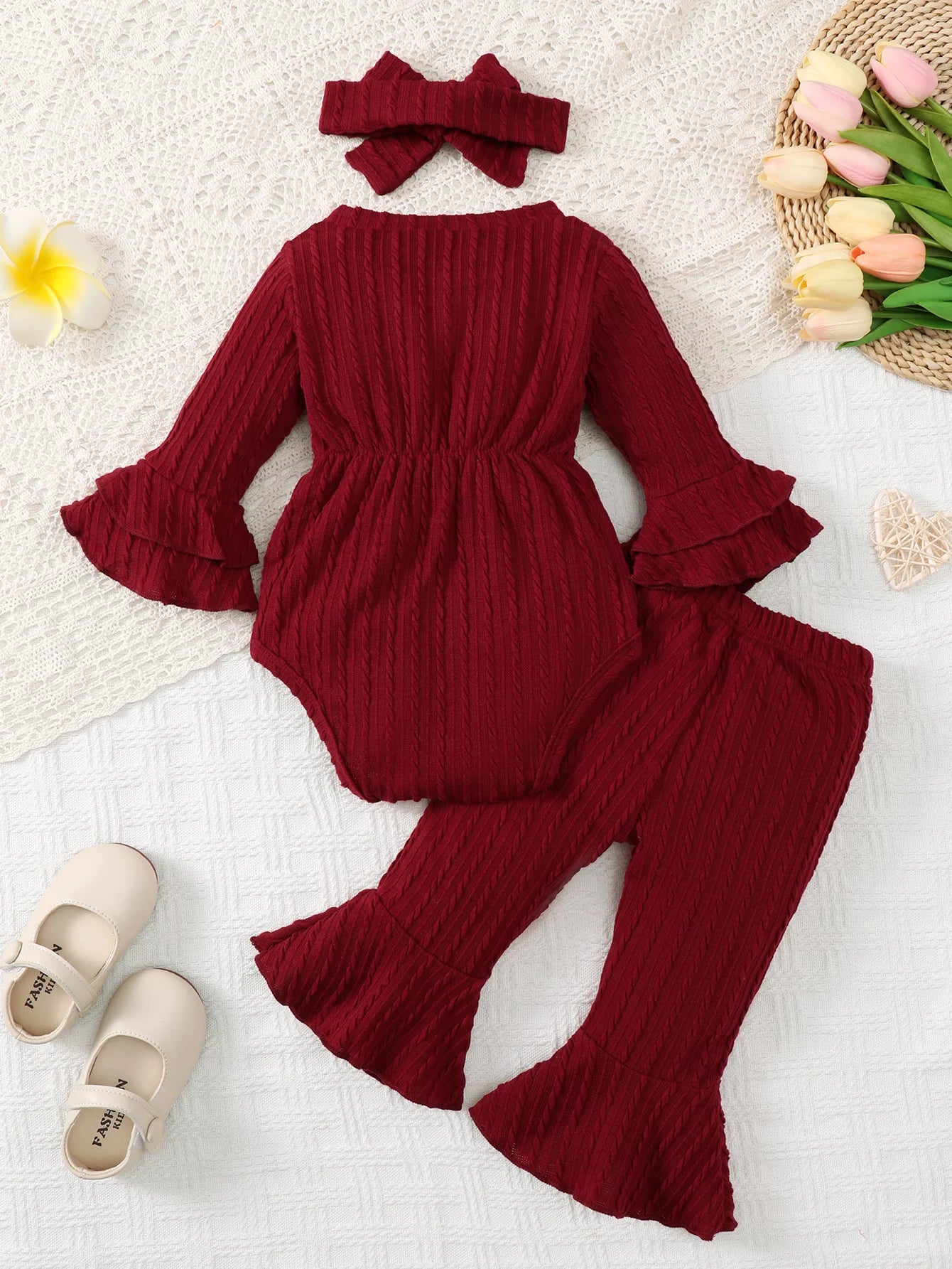 Baby Girl Knitted Ruffle Outfit Set – Long Sleeve Bodysuit, Flared Pants & Headband