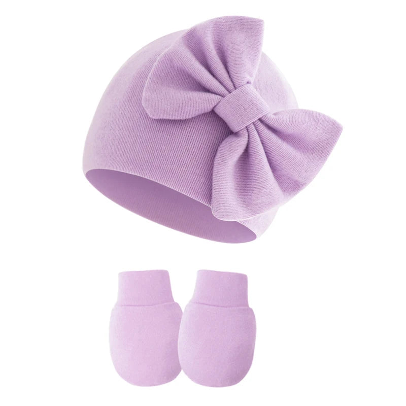 2Pcs Newborn Hat Gloves Set Princess Big Bow Baby Girl